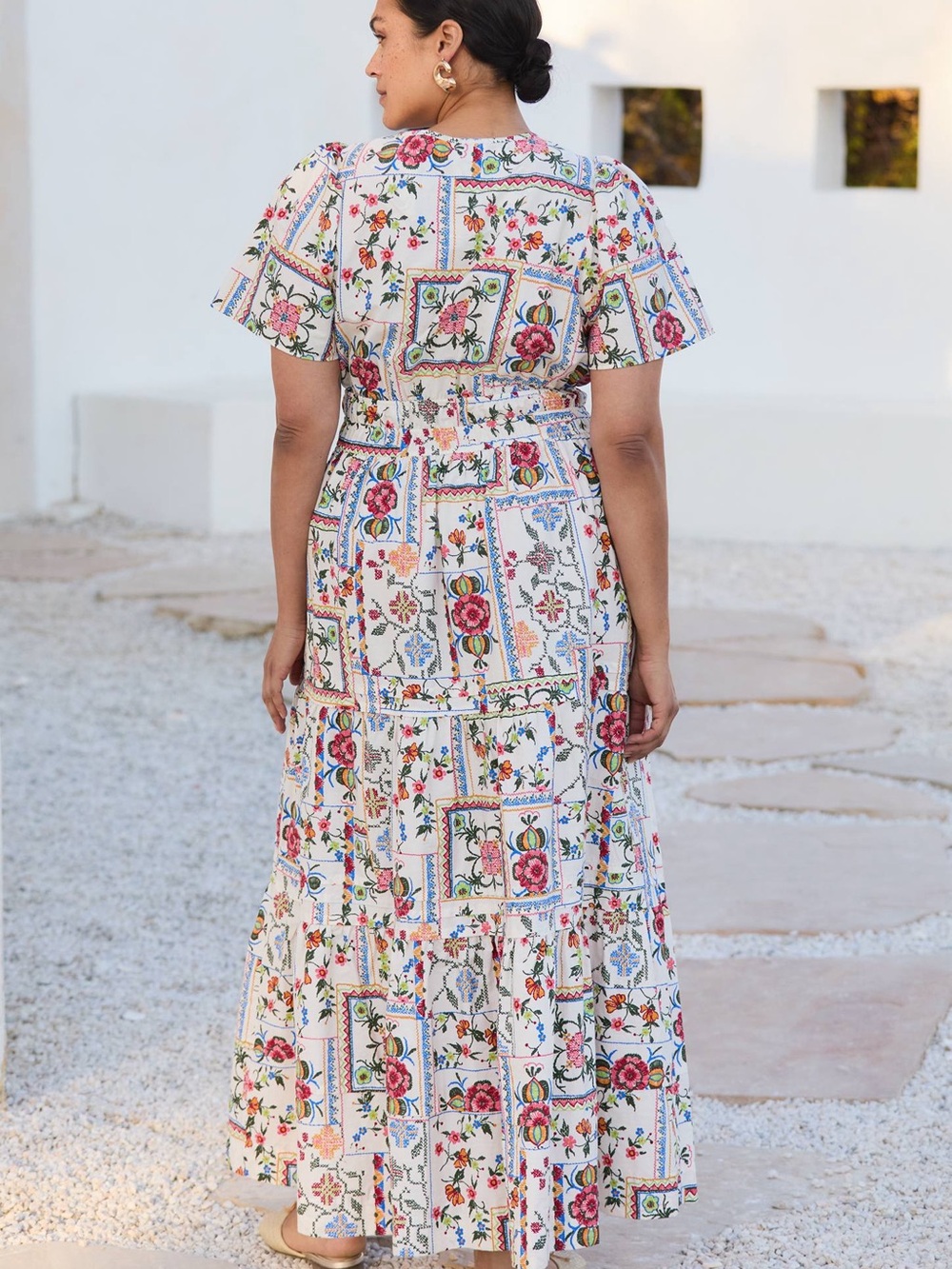 Anthropologie Somerset Printed V Neck Short Sleeve Boho Midi Dress in Oyster L - Picture 4 of 13